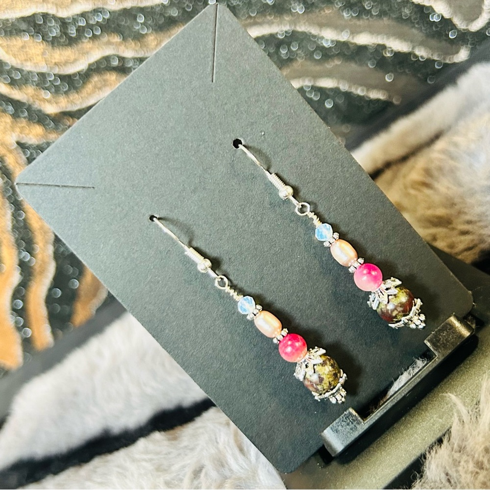 Handcrafted genuine blood stone elbaite pearl opalite earrings